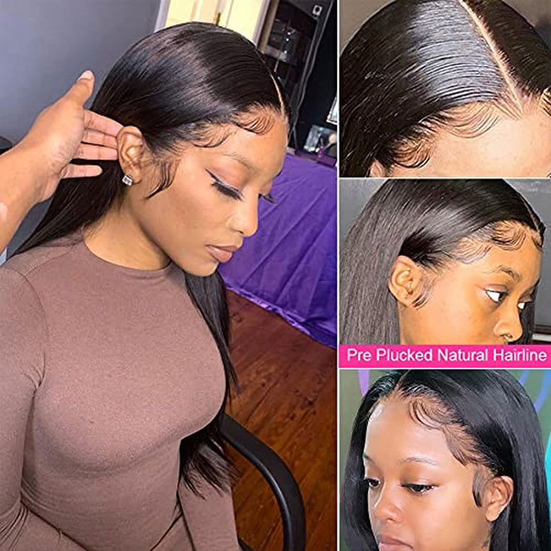 Lace Front Wigs Human Hair for Black Women, 24 Inch 150% Density Brazilian Straight Virgin Human Hair Lace Front Wig with Baby Hair Pre Plucked Hairline Natural Color Free Part