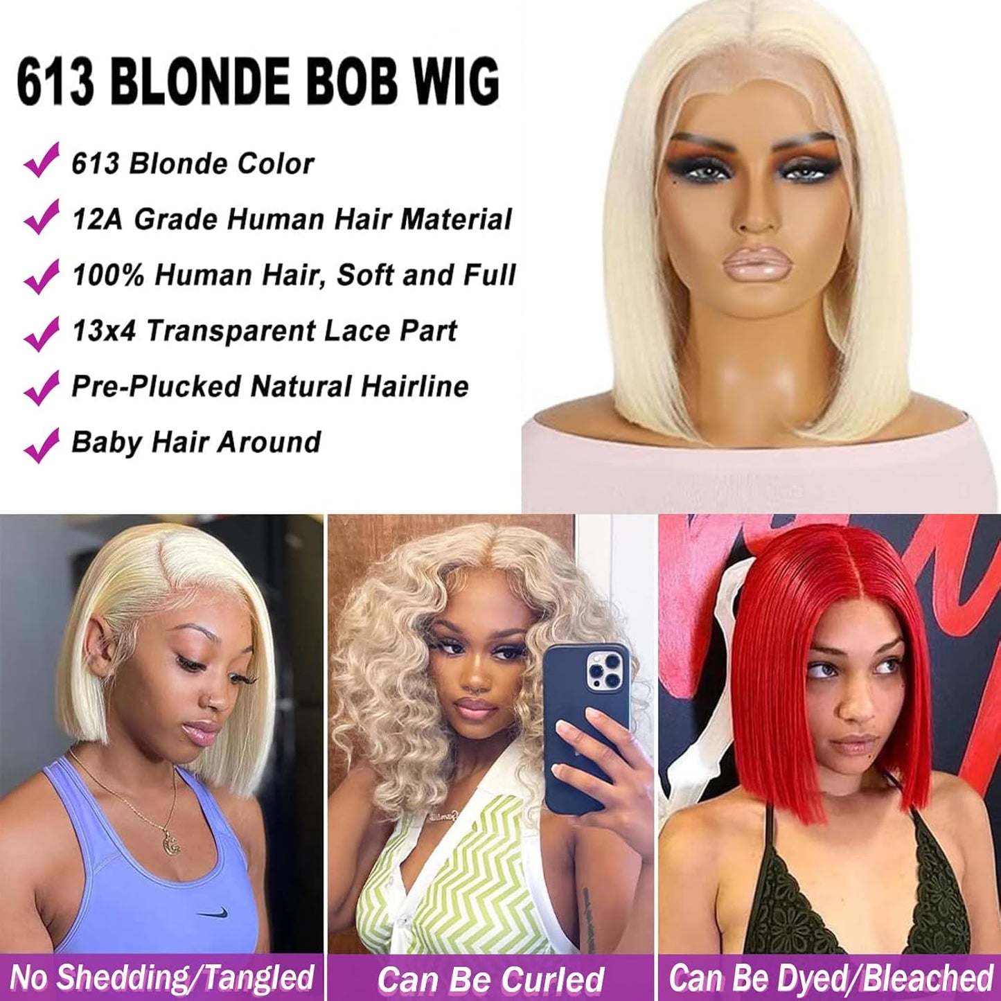 613 Bob Wig Human Hair Blonde 13X4 Lace Frontal Wigs for Black Women Bob Lace Front Wig Brazilian Virgin Human Hair Bob Wig 180% Density Pre Plucked with Baby Hair 14 Inch