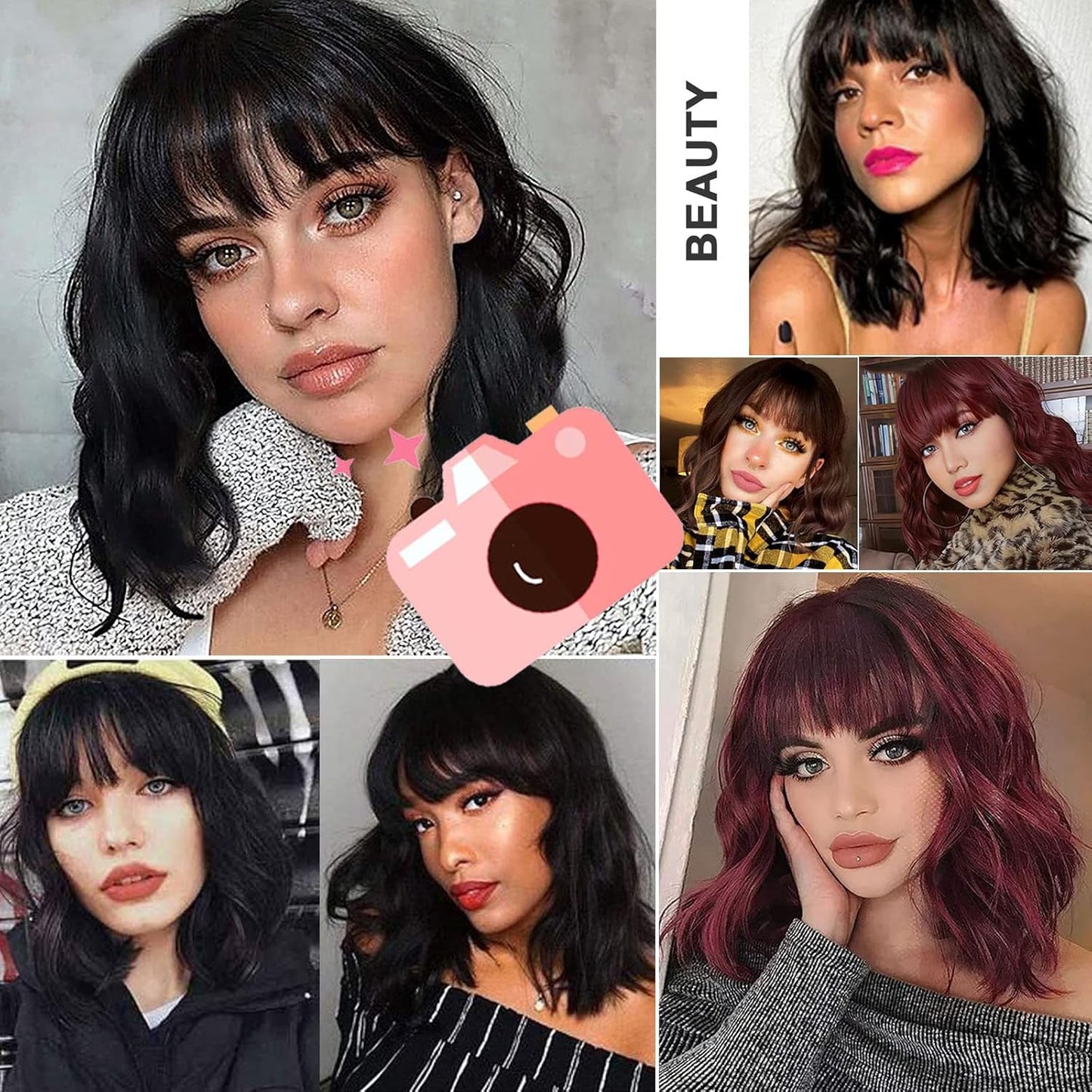 Curly Black Bob Wigs for Women Girl Synthetic Short Wig with Bangs Natural Water Wave Hair Wigs Heat Resistant Fiber for Daily Party Cosplay (Black)