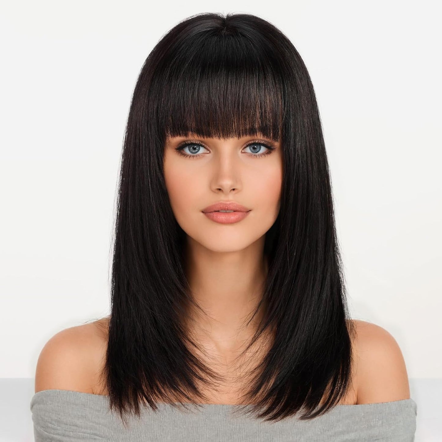 16 Inch Human Hair Wigs for Women,Layered Straight Hair Wig with Bangs,Wear Natural Realism,Real Hair Wigs