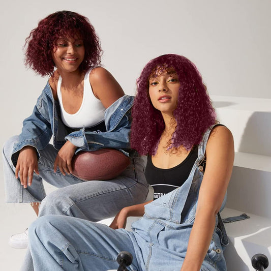 Jerry Curly Wig with Bangs Human Hair None Lace Front Glueless Ombre Burgundy Short Kinky Curly Brazilian Virgin Bob Wigs Afro Curly Wigs for Black Women Human Hair Wine Red Wig 12 Inch 180% Density