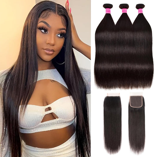 10A Straight Bundles with Closure Human Hair 20 22 24 with 18 Inch Brazilian Human Hair Bundles with Closure 100% Unprocessed Virgin Remy Straight Hair Weave 3 Bundles with 4X4 Lace Closure Free Part