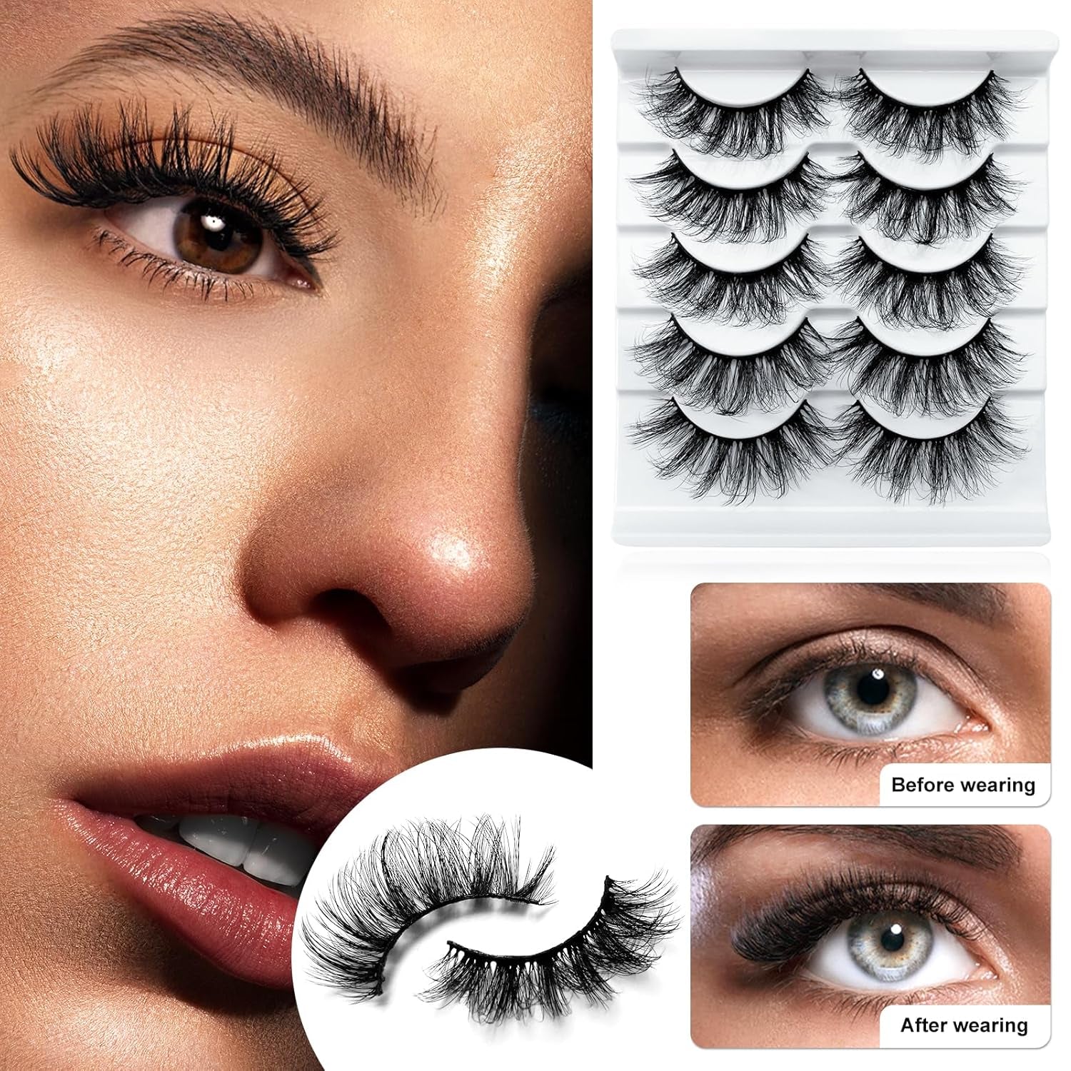8D Curly False Eyelashes Faux Mink Lashes Full Wispy Fake Eyelash Extension Natural Look Lash Fluffy False Eye Lashes 5 Pairs Long Thick Volume Eyelashes Reusable Eye Lash