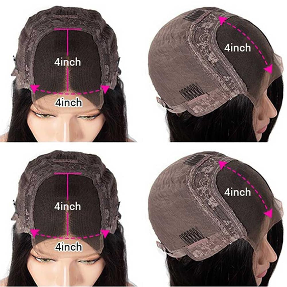 Kinky Straight Human Hair Wig 4X4 Transparent Lace Closure Kinky Straight Wigs 150% Density Yaki Human Hair Wigs Glueless Pre Cut Lace Natural Black(14Inch)