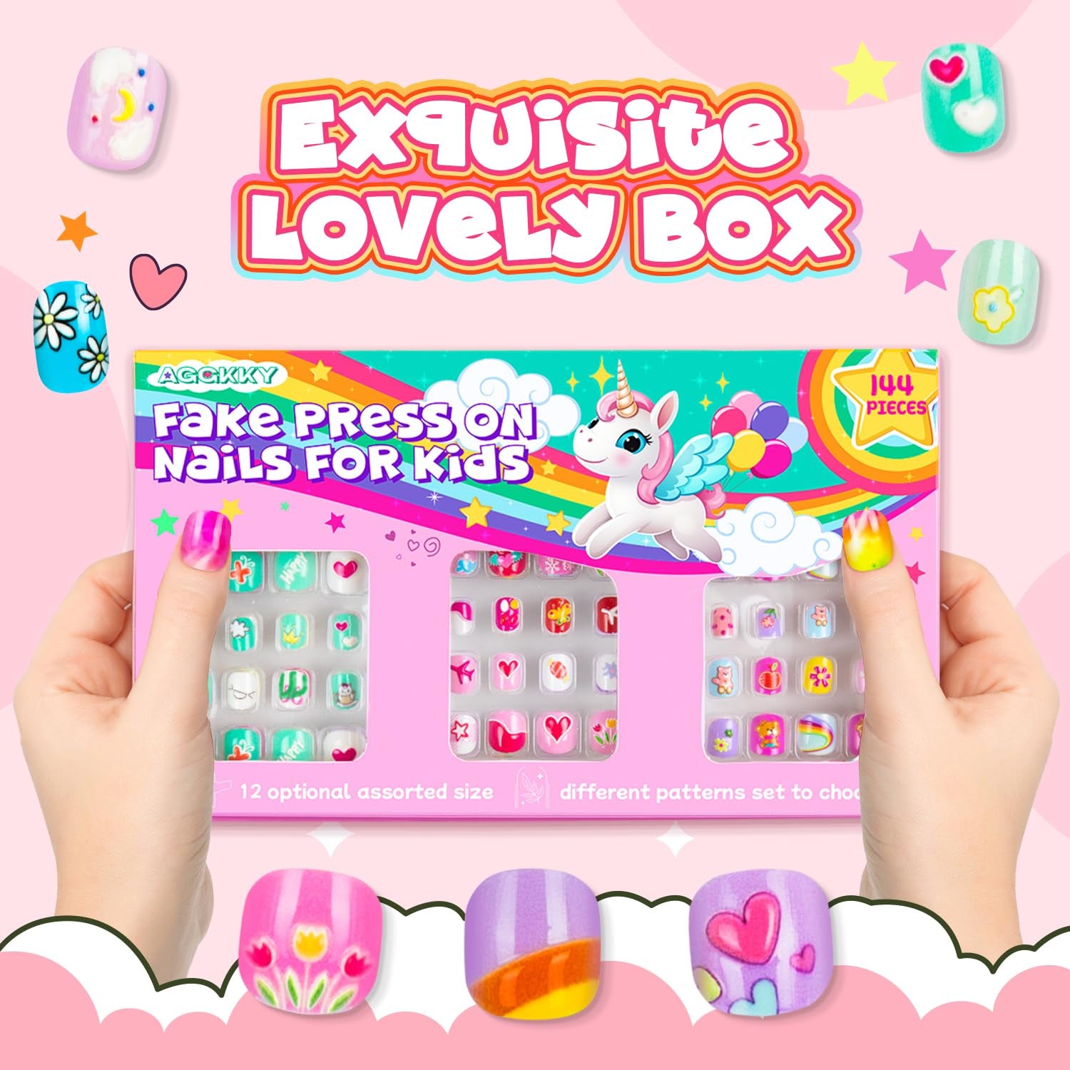 144 Pieces 6 Pack Kids Press on Nails Artificial Fake Nails for Kids Girls Pre Glue Full Cover Short Acrylic False Nail Tips Art Kits Gifts for Girls Nail Art Decoration (Lovely Pattern)