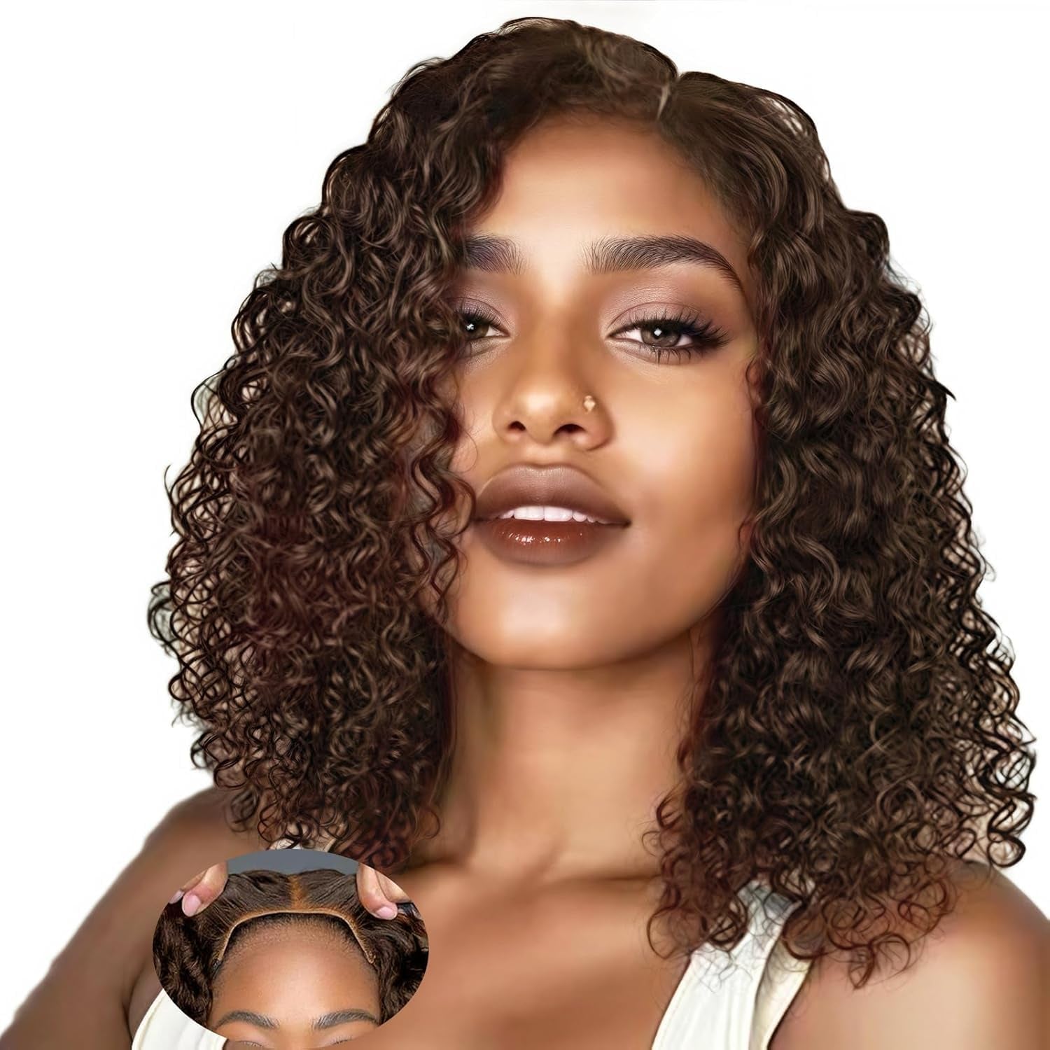 Bob Wig Human Hair Glueless Wigs Human Hair Pre Plucked Pre Cut 4# Brown Human Hair Wear and Go Glueless Wig Water Wave Lace Front Wigs for Black Women 14Inch