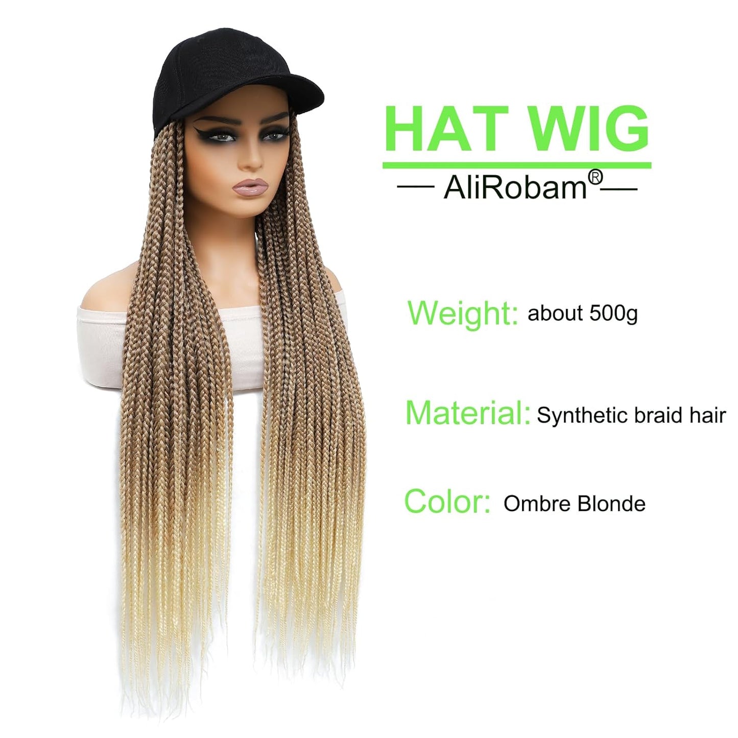 Hat Wig Baseball Cap with 30Inch Long Box Braiding Hair Extensions Attached for Woman Black Cap Wig Braided Wig Hairstyle Adjustable Size (B Ombre Blonde, 30Inch)