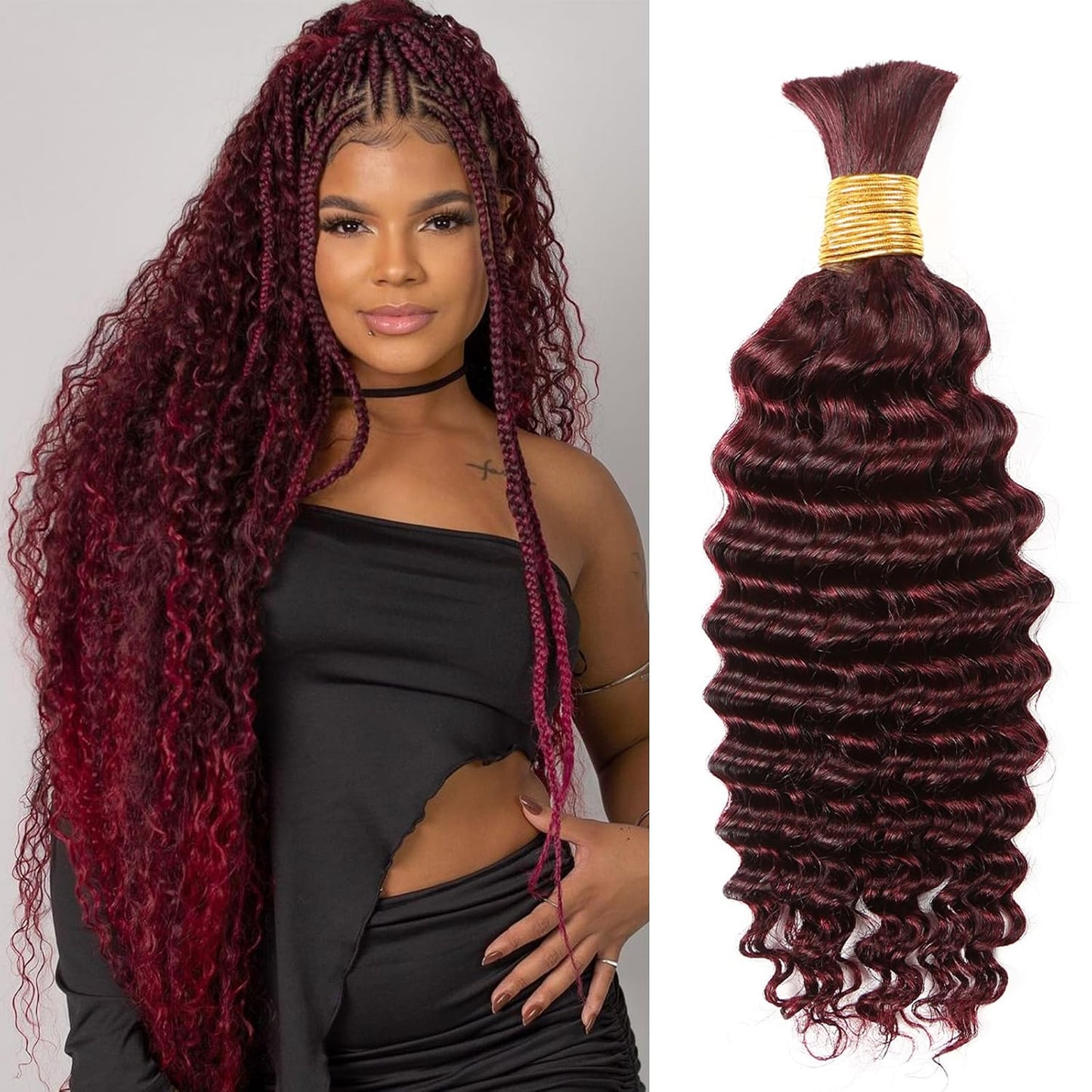 99J Burgundy Human Braiding Hair 29 Inch Deep Wave No Weft Curly Bundles Human Hair Extensions for Boho Knotless Braids Wet and Wavy (99J)