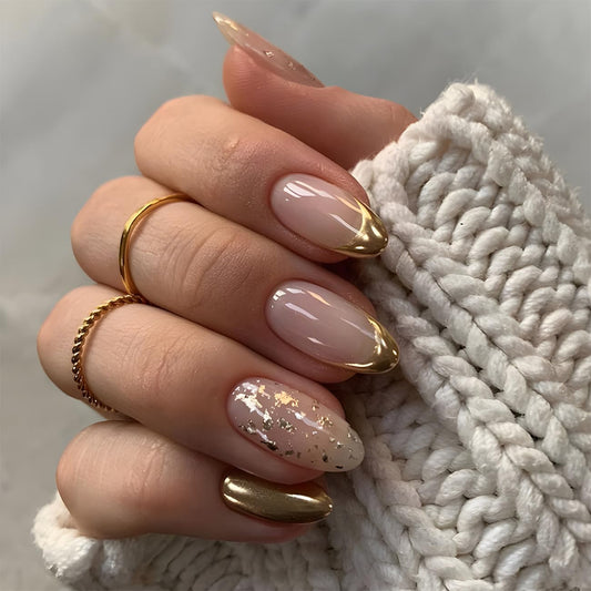 Gold French Tip Press on Nails Medium, Gold Nail Art False Nail Tips Glossy Gold Glitter Full Cover Glue on Nails Medium Almond Shape French Tip Nails Press Ons for Women Fingernails Manicure, 24Pcs