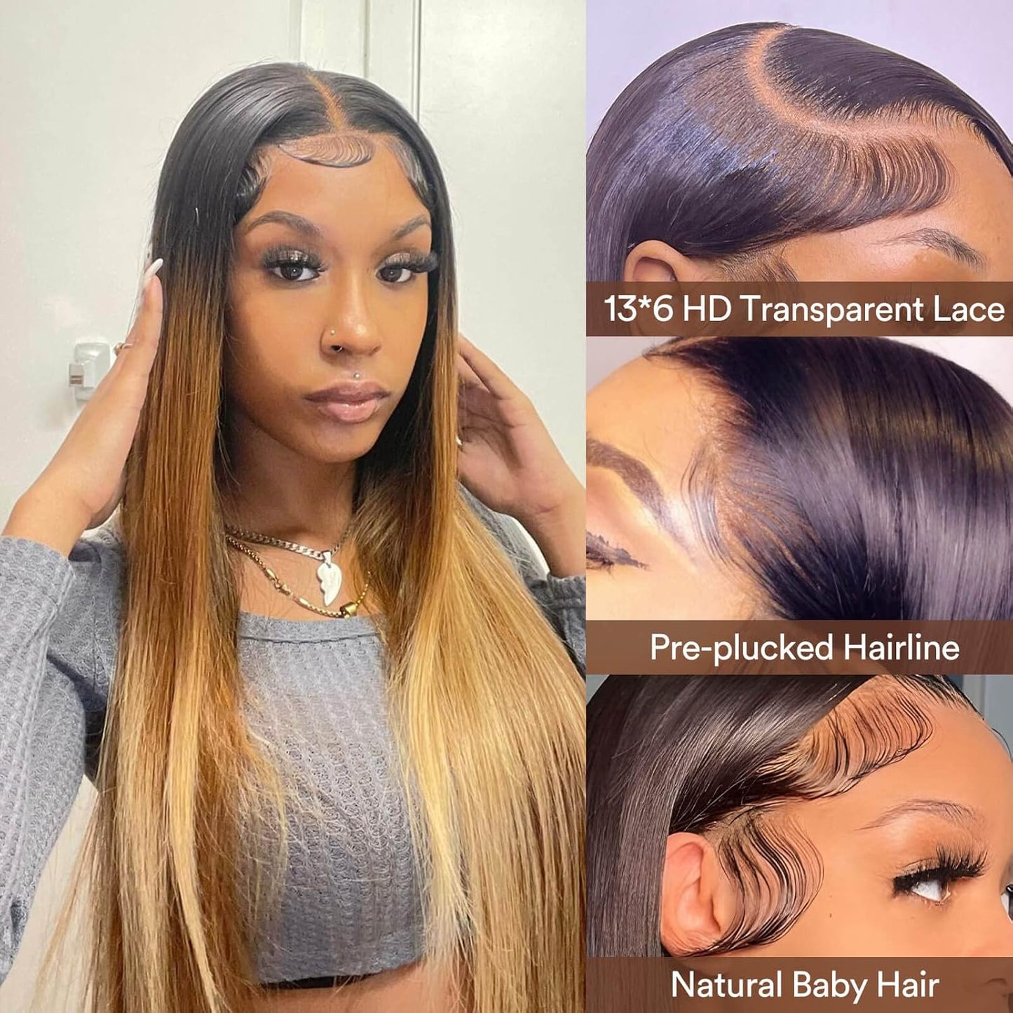 13X6 Highlight Ombre Lace Front Wig Human Hair Pre Plucked OT4/30/27 Colored Honey Blonde Lace Front Wig with Baby Hair180% Density (22Inch, 13X6 Ombre Straight Lace Wig)