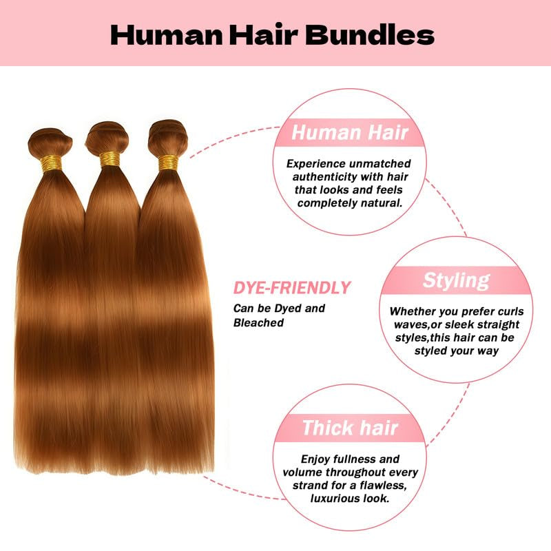 12A Light Brown Straight Human Hair Bundles 18 20 22 Inch Double Weft Brazilian Straight Human Hair Extensions for Black Women 3 Bundles 30 Color