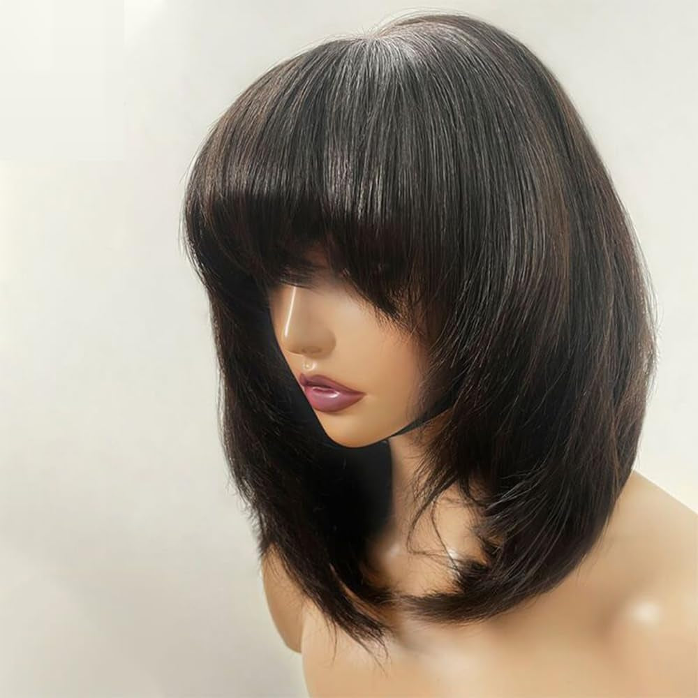 Short Scalp Top Full Machine Made Wig Brazilian Remy Layered Bob Human Hair Wig with Bangs Short Cut for Black Women 16Inch 150% Density