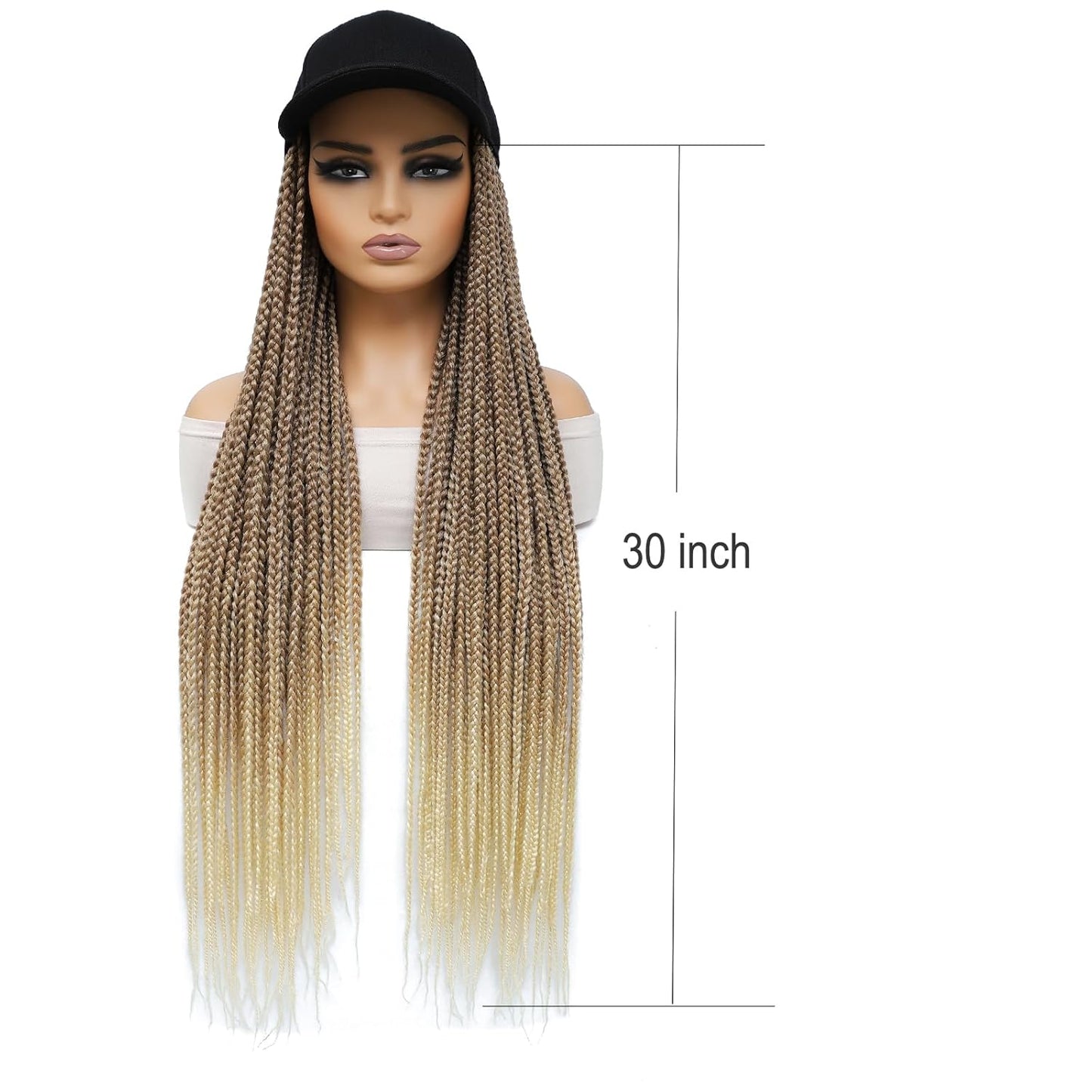 Hat Wig Baseball Cap with 30Inch Long Box Braiding Hair Extensions Attached for Woman Black Cap Wig Braided Wig Hairstyle Adjustable Size (B Ombre Blonde, 30Inch)