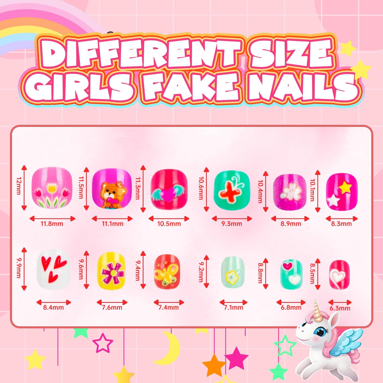 144 Pieces 6 Pack Kids Press on Nails Artificial Fake Nails for Kids Girls Pre Glue Full Cover Short Acrylic False Nail Tips Art Kits Gifts for Girls Nail Art Decoration (Lovely Pattern)