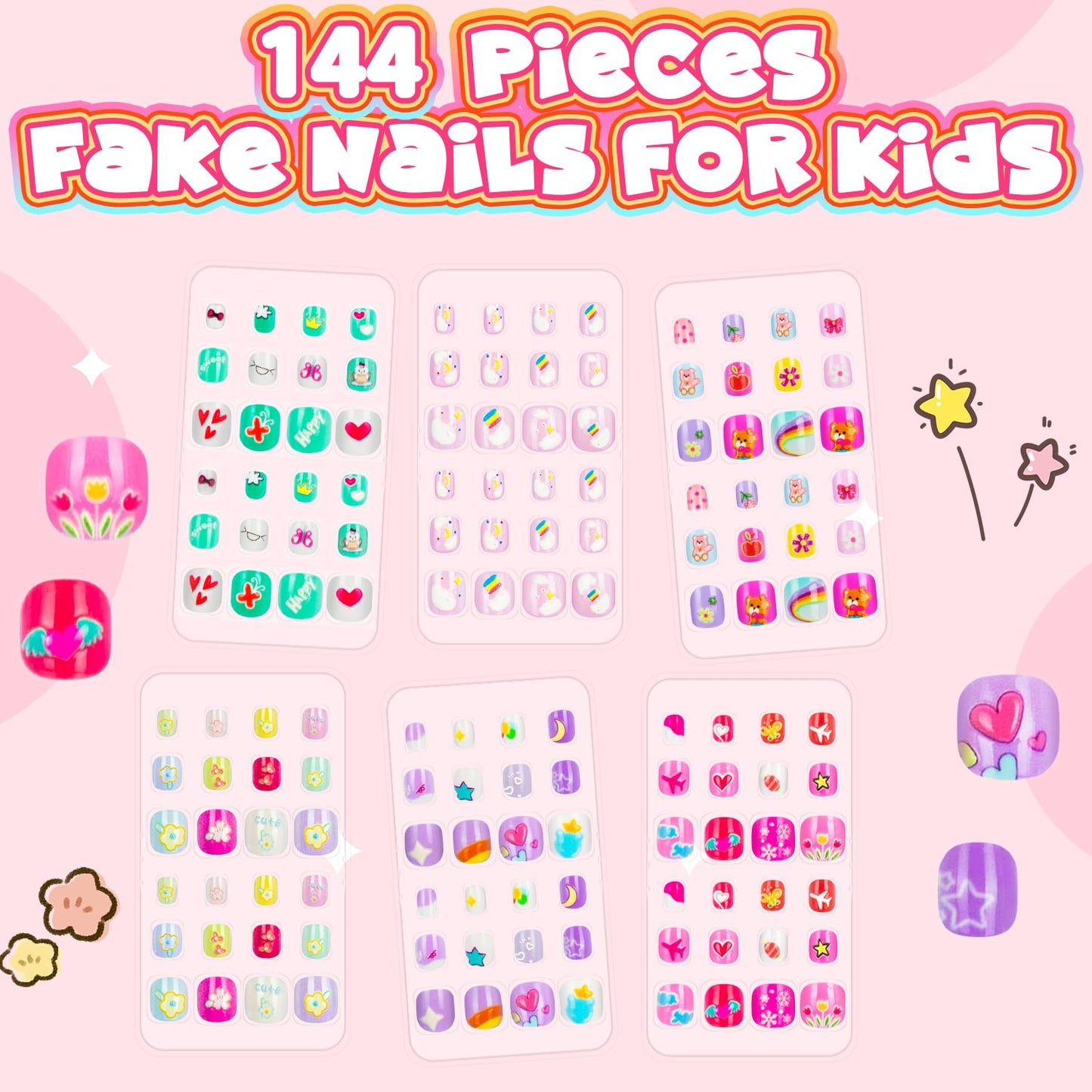 144 Pieces 6 Pack Kids Press on Nails Artificial Fake Nails for Kids Girls Pre Glue Full Cover Short Acrylic False Nail Tips Art Kits Gifts for Girls Nail Art Decoration (Lovely Pattern)