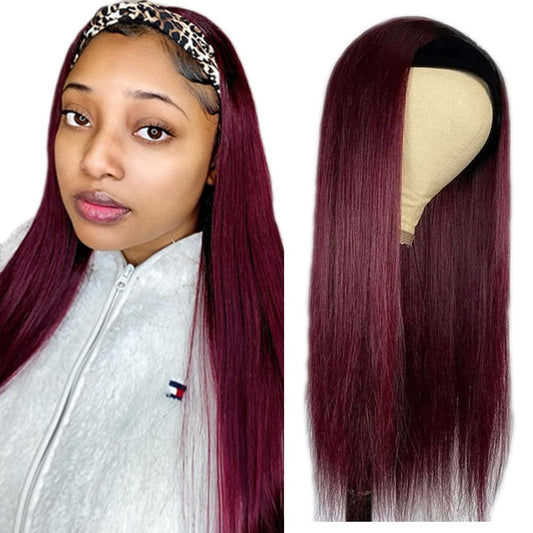 Burgundy Straight Headband Wig Human Hair Ombre 1B99J Machine Made 130% Density Grade 8A Brazilian Remy Hair Wine Red Color 16 Inch