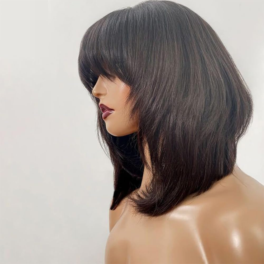 Short Scalp Top Full Machine Made Wig Brazilian Remy Layered Bob Human Hair Wig with Bangs Short Cut for Black Women 16Inch 150% Density