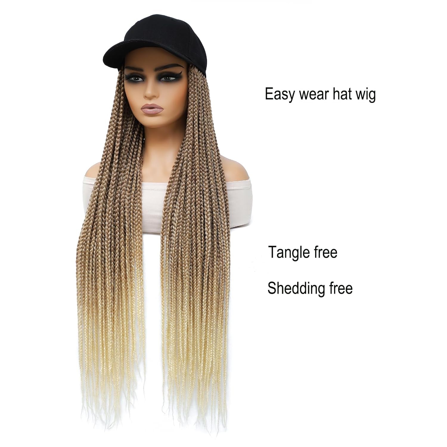 Hat Wig Baseball Cap with 30Inch Long Box Braiding Hair Extensions Attached for Woman Black Cap Wig Braided Wig Hairstyle Adjustable Size (B Ombre Blonde, 30Inch)