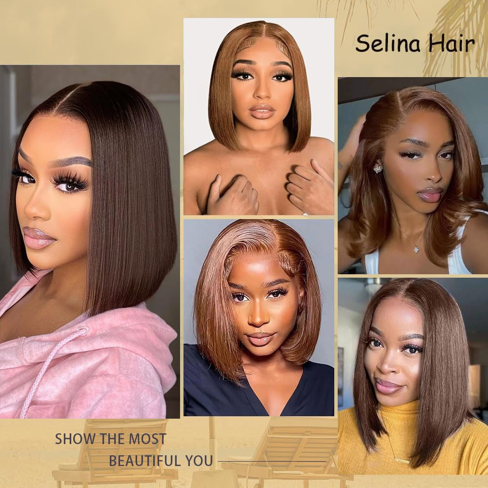 Bob Wig Human Hair 4X4 Lace Front Wigs Human Hair Brazilian Virgin Hair Straight Bob Lace Frontal Wigs for Women Pre Plucked with Baby Hair Chocolate Color 14 Inch
