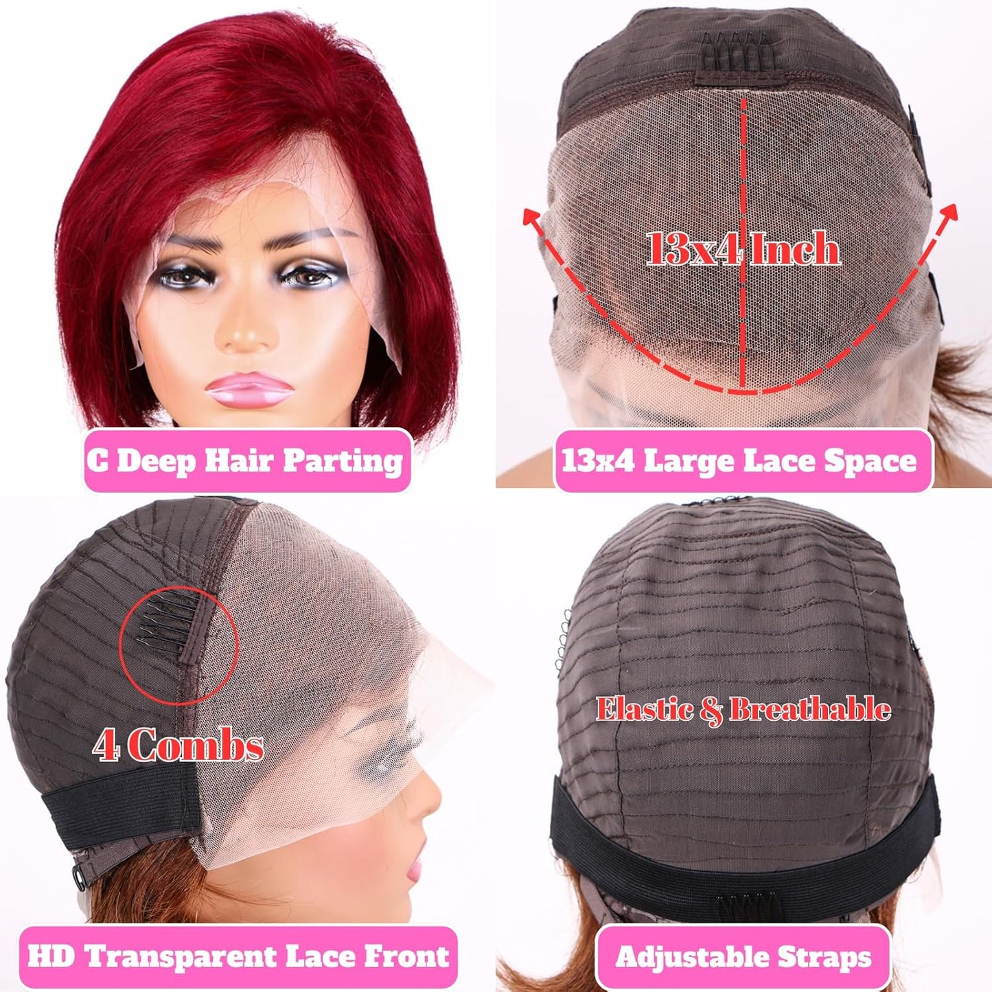 Short Wig Human Hair 13X4 99J Burgundy Pixie Cut Wig Human Hair Short Full Lace Front Wigs Human Hair Straight Short Wigs for Black Women 150% Density (99J Burgundy)