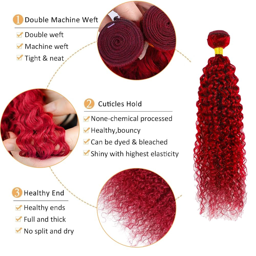 Red Human Hair Bundles Red Kinky Curly Bundles Mixed Length 3 Bundles 26 28 30 Inch Grade 8A Brazilian Virgin Human Hair Extensions Burgundy Kinky Curly Human Hair Bundles