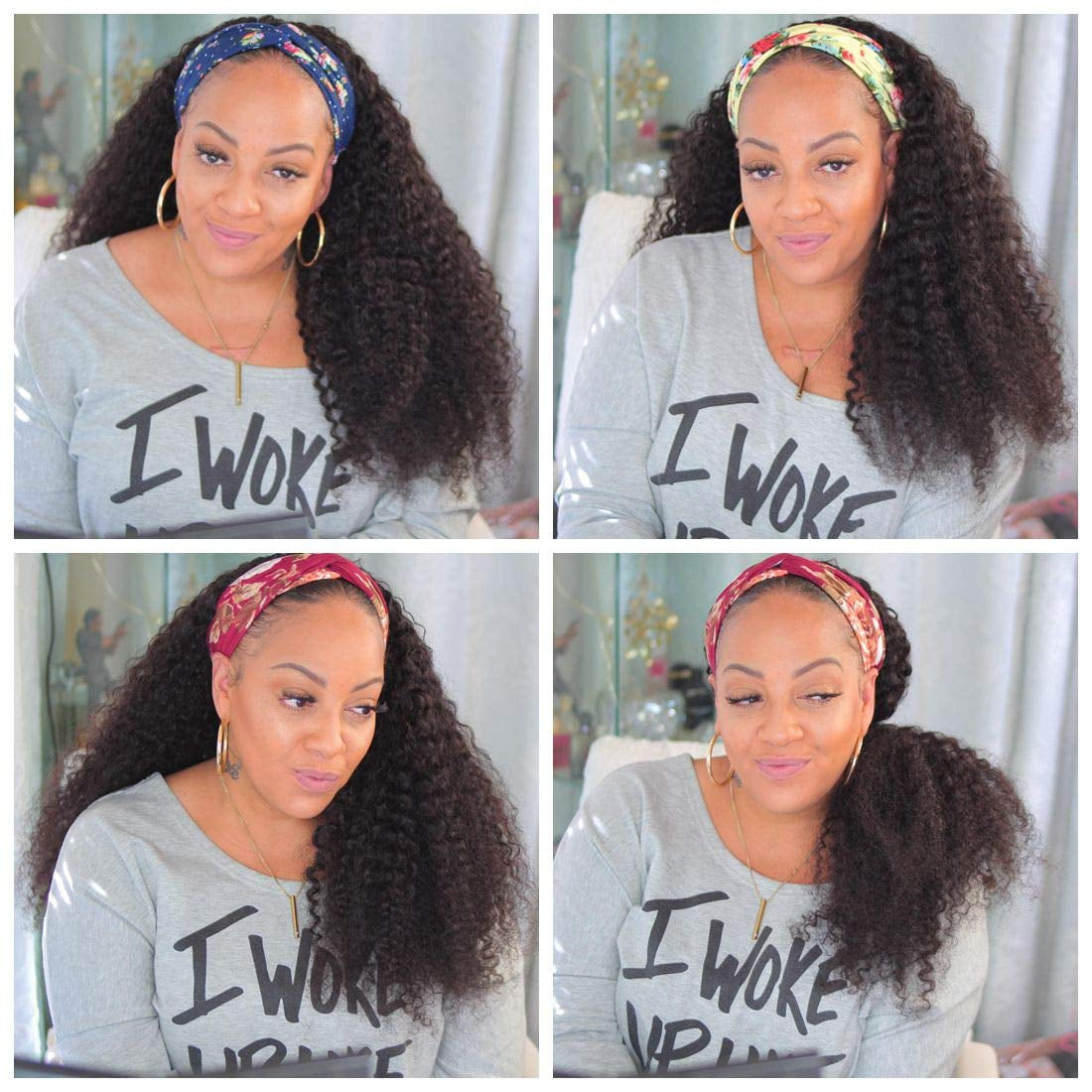 Headband Wig Human Hair Kinky Curly Headband Wigs for Women Glueless Human Hair Wigs 20 Inch None Lace Front Wigs Brazilian Kinky Curly Virgin Hair Wear and Go 180% Density Wig