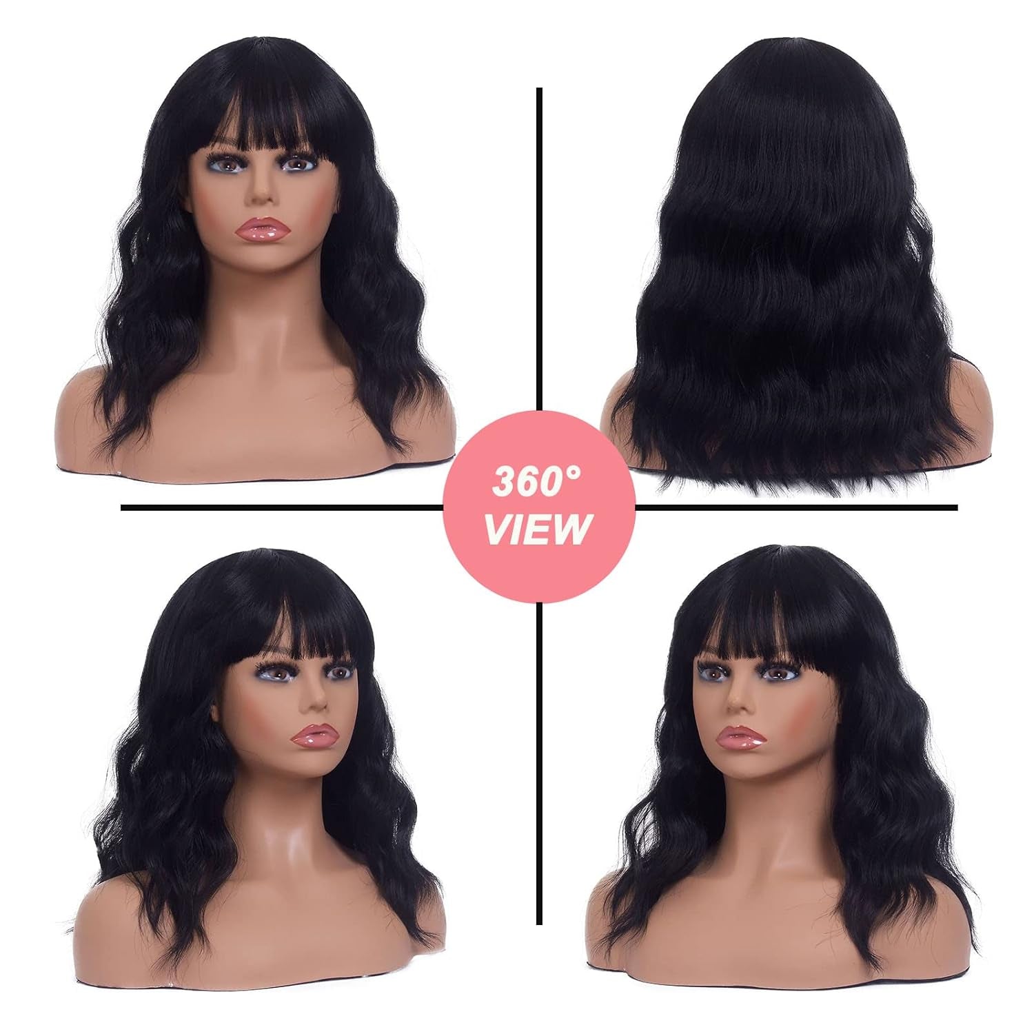 Curly Black Bob Wigs for Women Girl Synthetic Short Wig with Bangs Natural Water Wave Hair Wigs Heat Resistant Fiber for Daily Party Cosplay (Black)