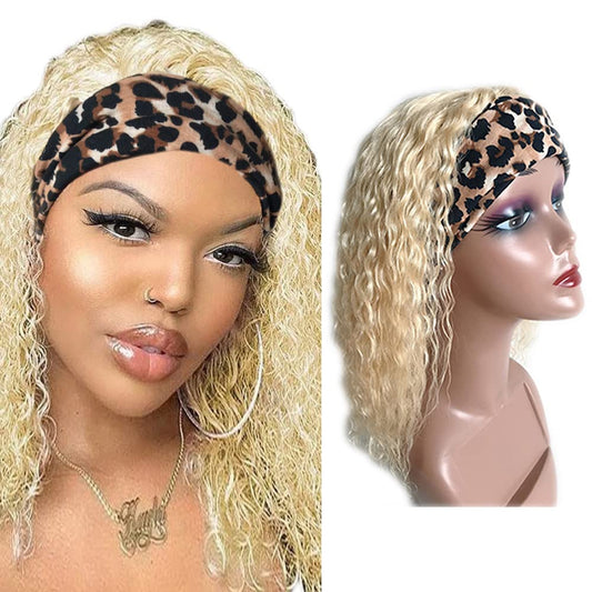 613 Blonde Headband Wig Human Hair Kinky Curly Non Lace Front Wigs Unprocessed Virgin Hair Glueless Curly Wave 613 Colored Headband Wigs Blonde Full Machine Made Wig for Women 18 Inch