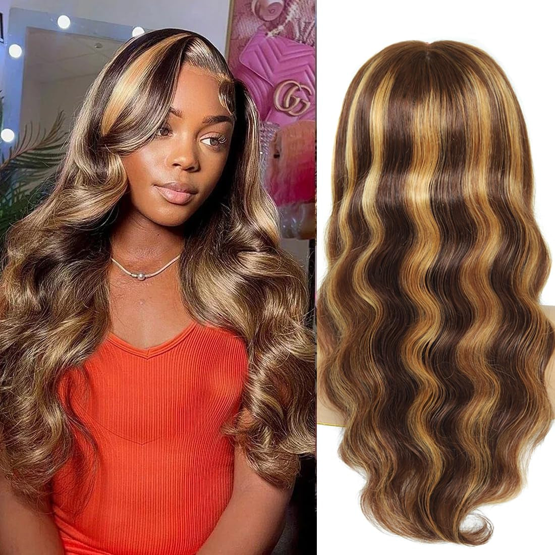 Clearance Body Wave Highlight Lace Front Wigs Human Hair 13X6 Hd T Lace Front Wigs Pre Plucked 4/27 Colored 180% Density HD Honey Blond Wigs for Black Women Ombre Transparent Lace Wig (18 Inch)