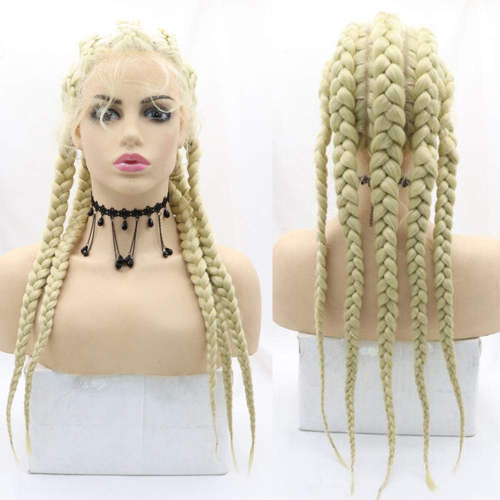 5 Braids Wig Long Blonde Afro Braided Synthetic Lace Front Wig Twist Braiding 613# Golden Color with Baby Hair for Women Daily Wear,Drag Queen Makeup Party 28 Inches