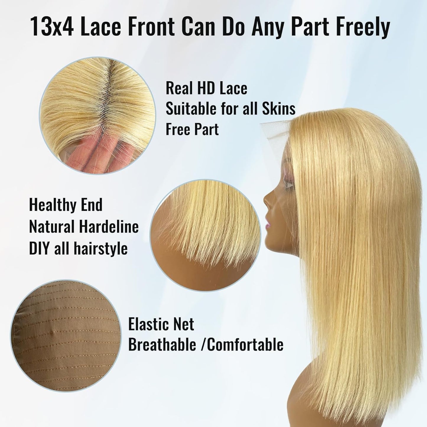 613 Blonde Bob Wig Human Hair 13X4 HD 180% Density Glueless Wigs Human Hair Pre Plucked Short Straight Glueless Bob Wig Human Hair 8In