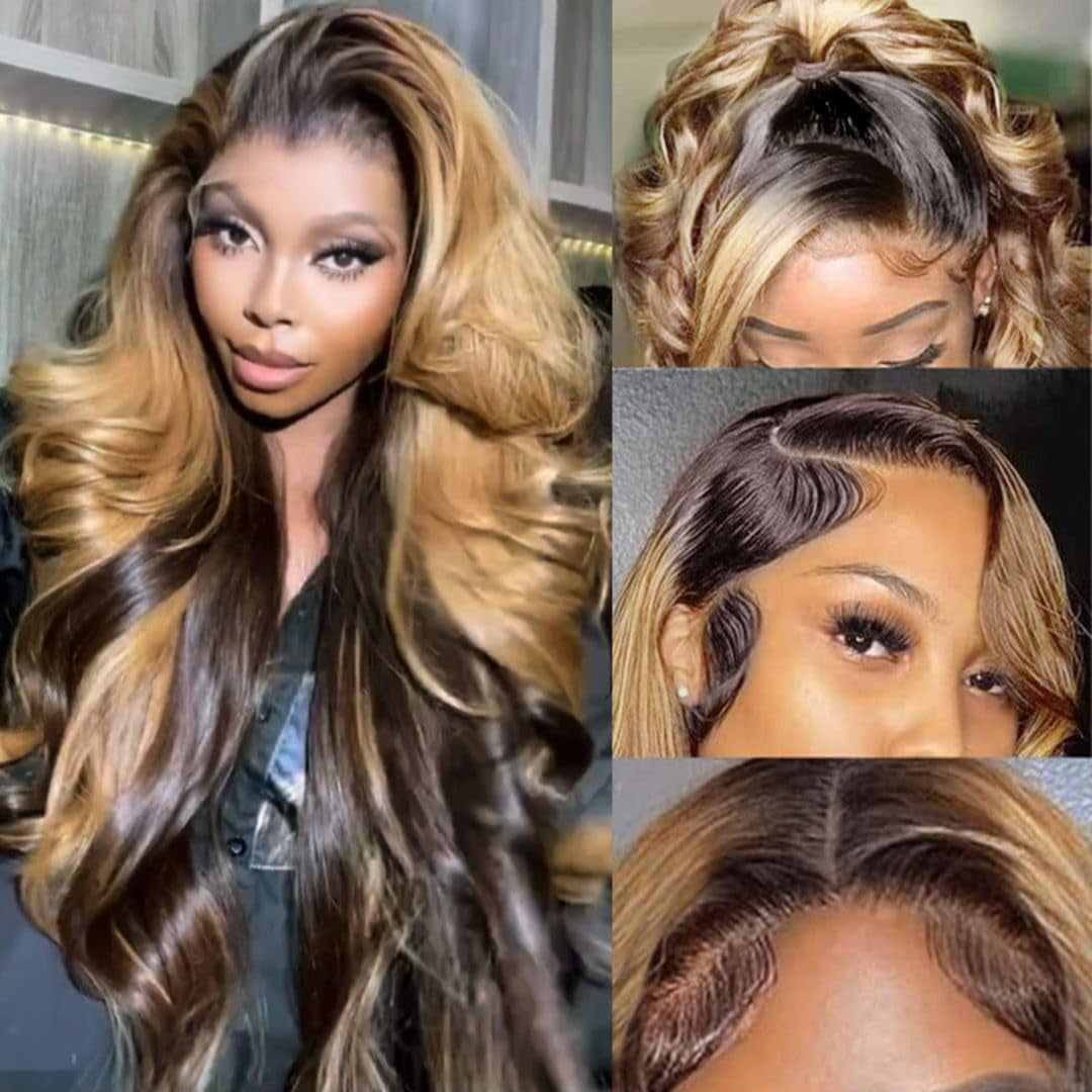 200 Density 13X6 Lace Front Wigs Human Hair Pre Plucked with Baby Hair 4/27 13X6 Honey Blonde Lace Front Wigs Human Hair HD Transparent Body Wave Human Hair Lace Front Wigs for Women 18 Inch