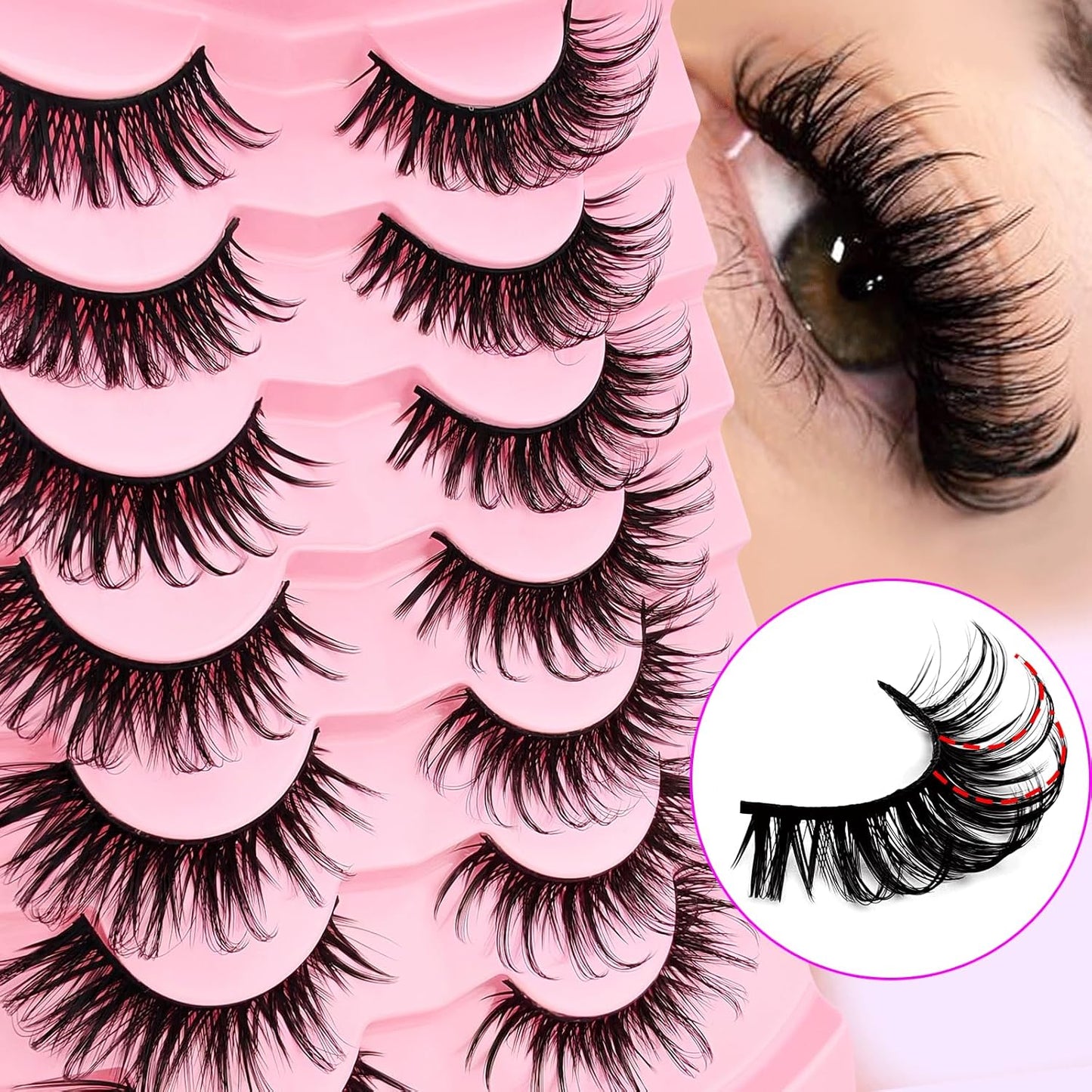 7 Pairs Manga Lashes Wet Look 20Mm Flu-Ffy D Curl Lashes Cat-Eye Lashes Volume Spiky Lashes Wispy Fairy Lashes Faux Mink False Eyelashes Japanese Korean Lashes(Sj03)