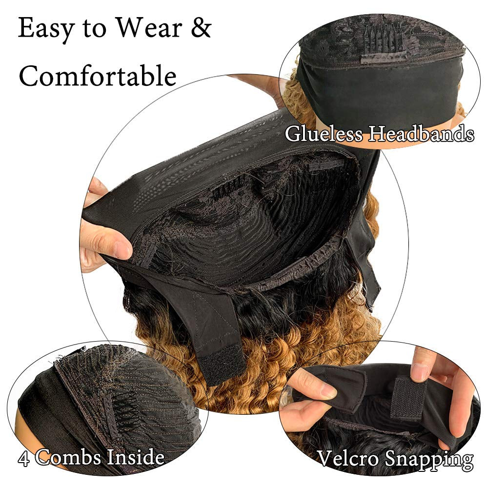 Headband Wigs Human Hair Ombre Blonde Colored No Lace Front Wigs 150% Density 20 Inches Curly Hair