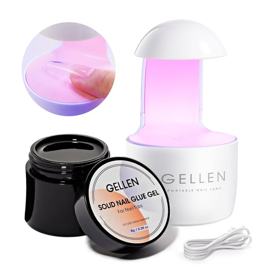 Solid Nail Glue Gel Kit - 8G Gel and 8W Mini UV Light LED Lamp for Cured Nails, Press on Glue for Acrylic Fake Tips, Salon Art DIY at Home