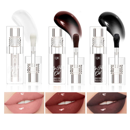 3 Colors Lip Plumping Gloss Waterproof Long-Lasting Moisturizing Velvety Lip Stain Clear/Black Cherry/Black Lip Oil Plumping Hydrating Liquid Lipstick Vegan Lip Makeup