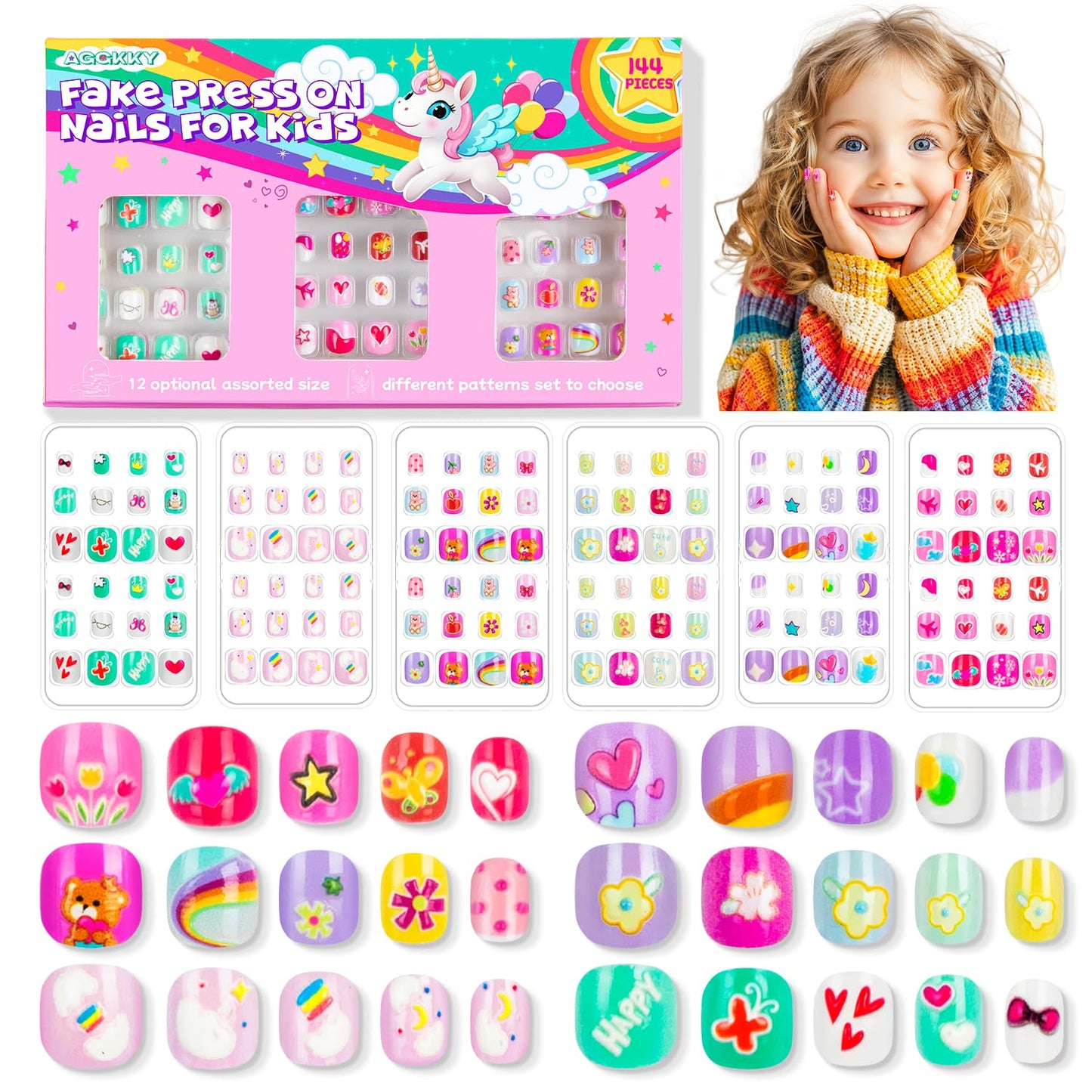 144 Pieces 6 Pack Kids Press on Nails Artificial Fake Nails for Kids Girls Pre Glue Full Cover Short Acrylic False Nail Tips Art Kits Gifts for Girls Nail Art Decoration (Lovely Pattern)