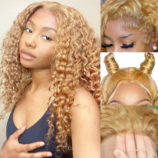 #27 Honey Blonde Human Hair Deep Wave Lace Front Wig 34 Inch 13X6 Pre Plucked with Baby Hair 180% Density Glueless HD Transparent