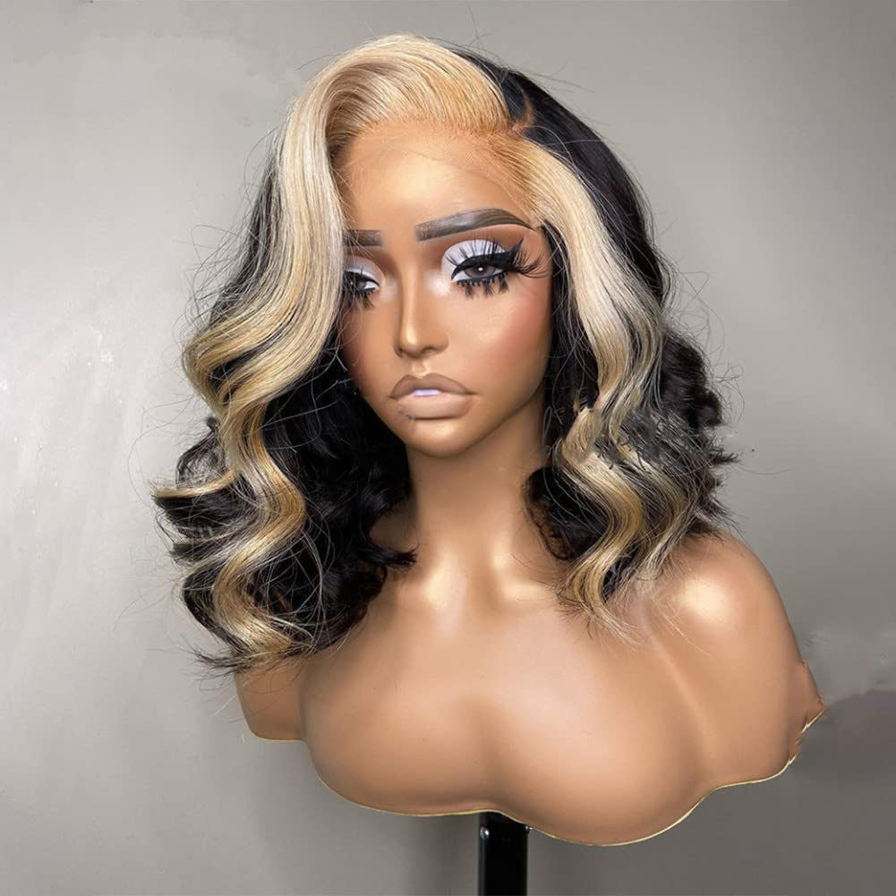Highlight Lace Front Wigs Human Hair Short Lace Frontal Wigs for Black Women Skunk Stripe Ombre 613 Blonde Color Loose Body Wave Human Hair Wigs with Transparent Lace (12 Inch, Natural Color with Blonde Highlights)