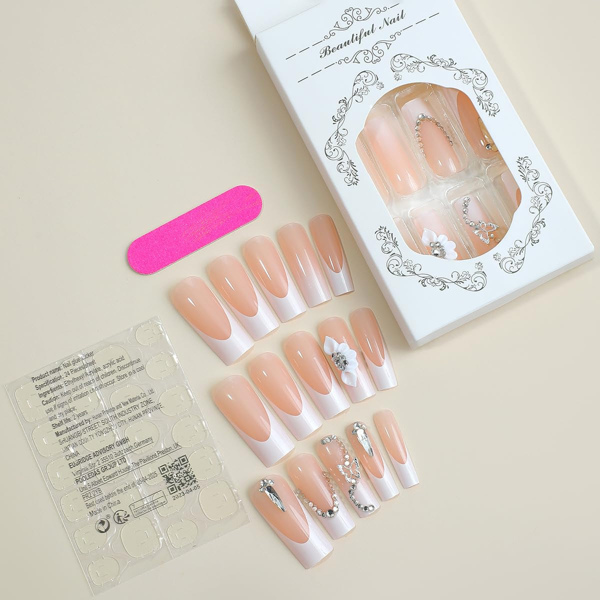 24 Pcs Long Press on Nails Square White French Fake Nails Glossy Press Ons False Nail Tips with Rhinestone Butterfly Nail Charms and 5D White Flowers Design Manicure Decorations for Women and Girls