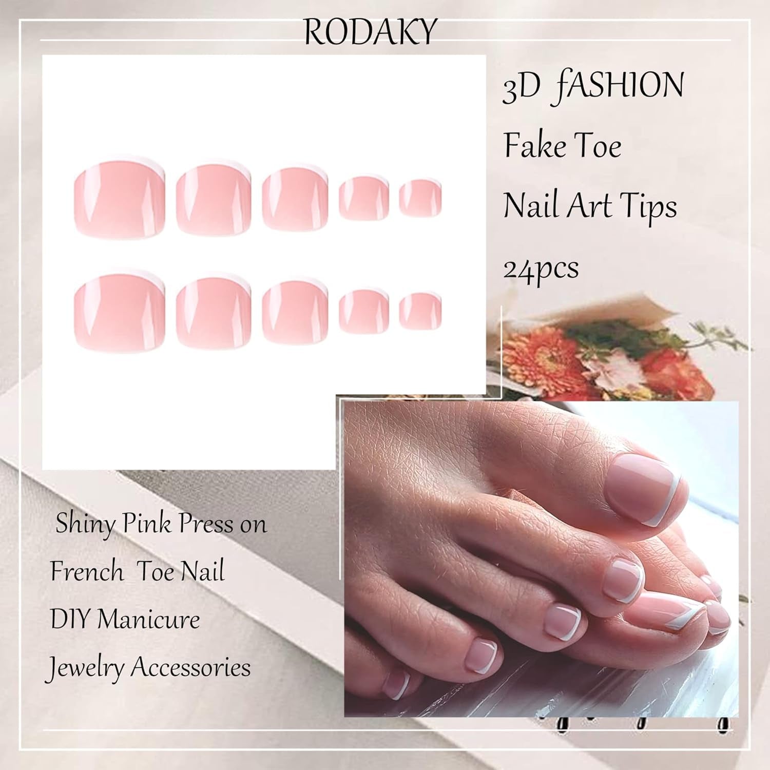 24PCS French Tips Press on Toenails Short Square Toe Nail Tips Full Cover Glue on Toe Summer Beach Acrylic False Toe Nails for Women and Girls (Pink French)