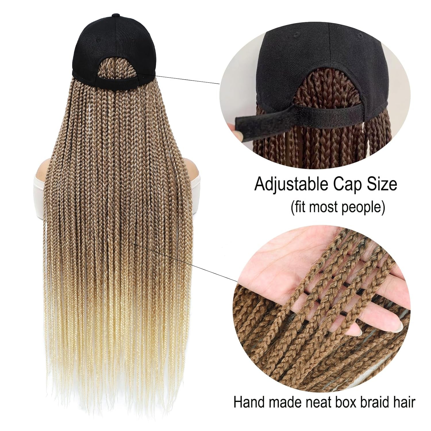 Hat Wig Baseball Cap with 30Inch Long Box Braiding Hair Extensions Attached for Woman Black Cap Wig Braided Wig Hairstyle Adjustable Size (B Ombre Blonde, 30Inch)