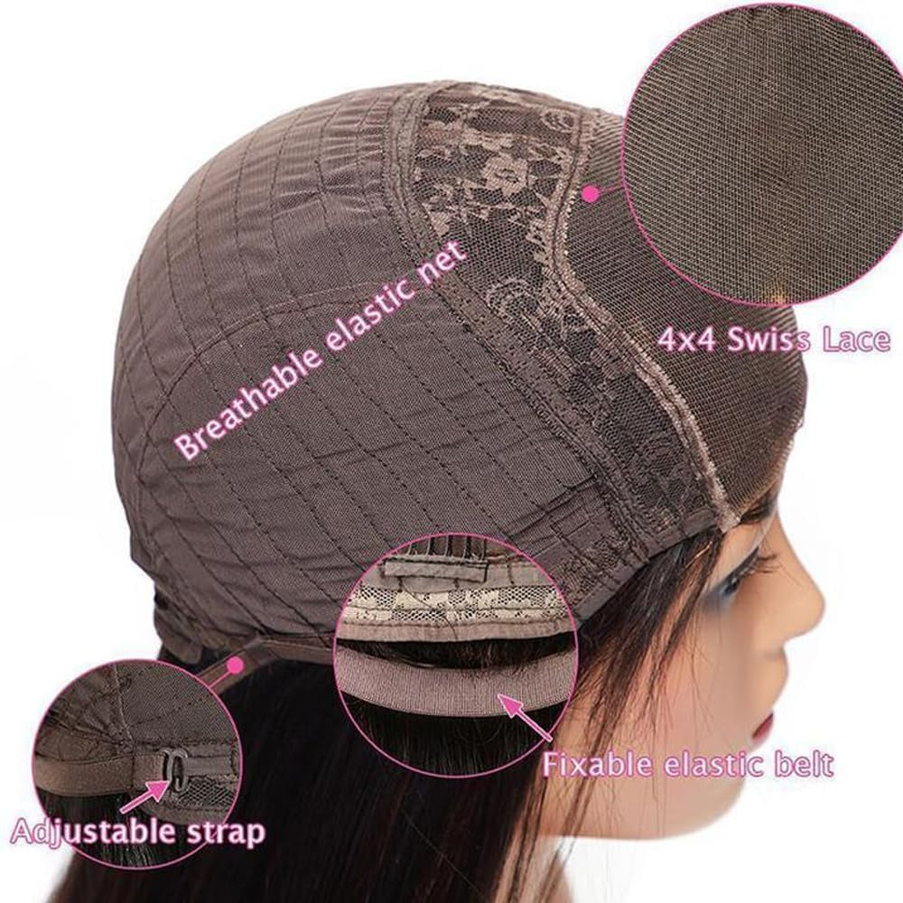 Kinky Straight Human Hair Wig 4X4 Transparent Lace Closure Kinky Straight Wigs 150% Density Yaki Human Hair Wigs Glueless Pre Cut Lace Natural Black(14Inch)