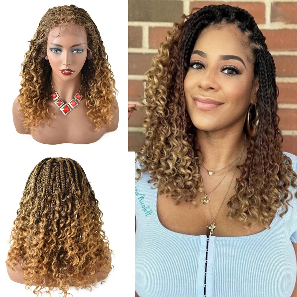 Swiss Lace Braided Wigs for Black Women 18 Inch Braids Wig with Baby Hair Premium Synthetic Wavy Hair Twist Box Braids Wigs Soft HD Lace Braiding Wig (#1B/27T-#Black/Khakit)