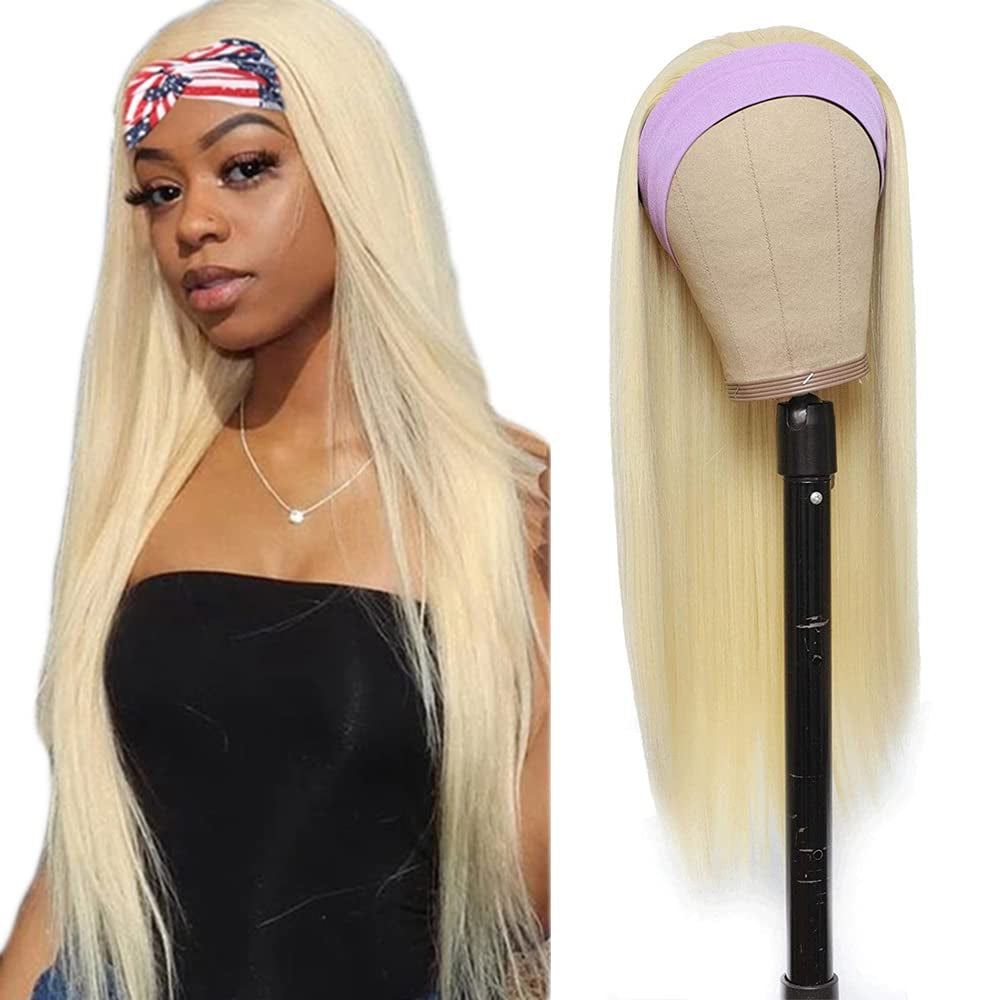 Blonde Headband Wig Straight Human Hair Headband Wig Blonde None Lace Front Straight Wigs for Black Women Brazilian Remy Hair Machine Made Headband Half Wigs 613 130% Density 24 Inch