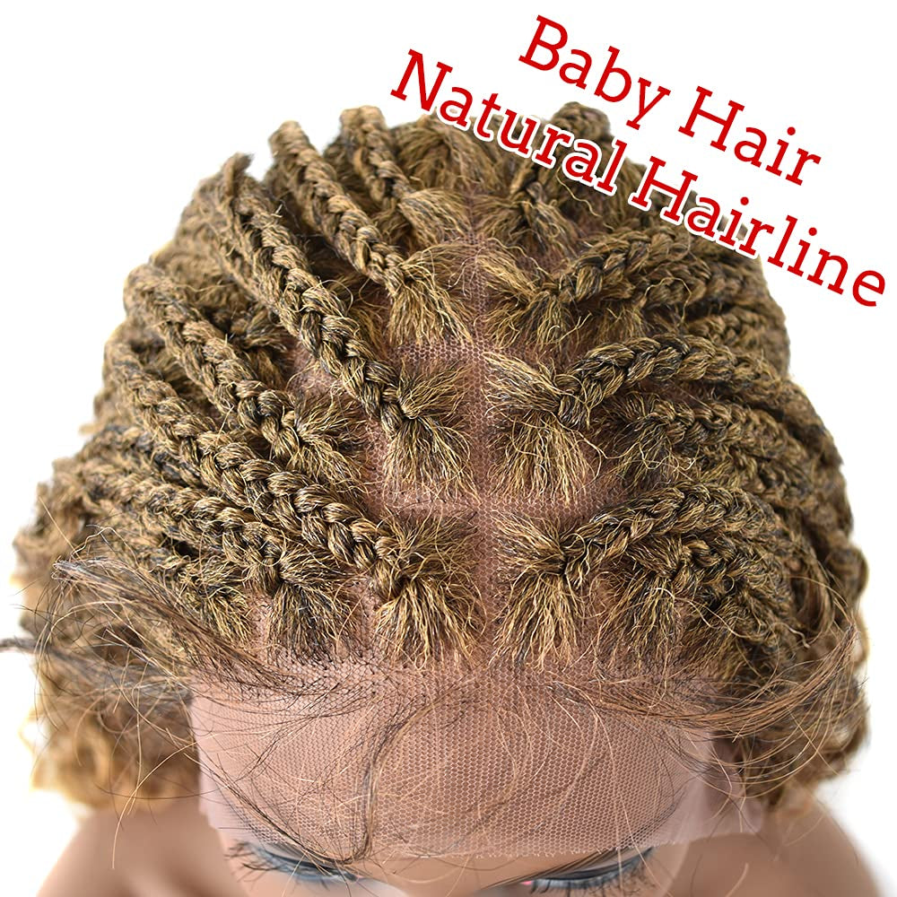 Swiss Lace Braided Wigs for Black Women 18 Inch Braids Wig with Baby Hair Premium Synthetic Wavy Hair Twist Box Braids Wigs Soft HD Lace Braiding Wig (#1B/27T-#Black/Khakit)