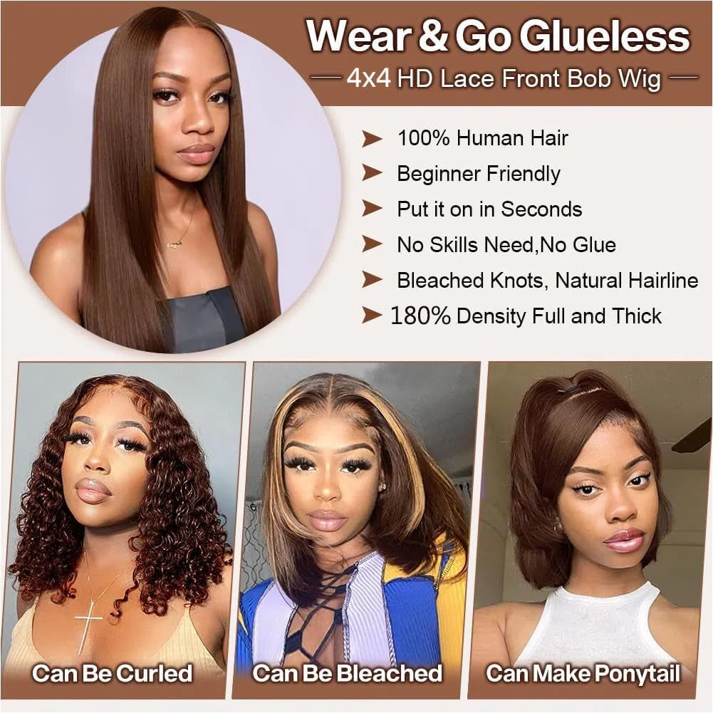 Bob Wig Human Hair 4X4 Lace Front Wigs Human Hair Brazilian Virgin Hair Straight Bob Lace Frontal Wigs for Women Pre Plucked with Baby Hair Chocolate Color 14 Inch