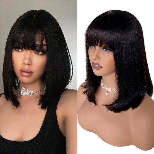 Bob Wig with Bangs Human Hair Straight 3X1 Transparent Lace Closure Bob Wigs for Black Women Natural Black 14 Inch