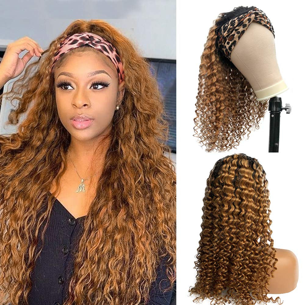 Headband Wigs Human Hair Ombre Blonde Colored No Lace Front Wigs 150% Density 20 Inches Curly Hair
