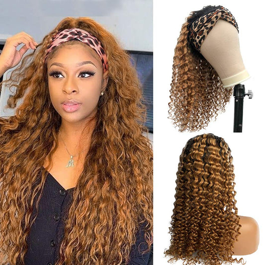 Headband Wigs Human Hair Ombre Blonde Colored No Lace Front Wigs 150% Density 20 Inches Curly Hair